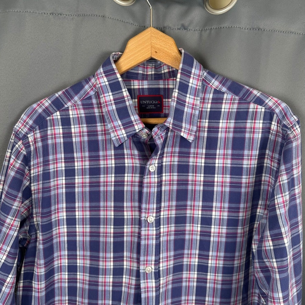 UNTUCKit Mens Large Plaid Button Down Shirt Navy Magenta White 100% Cotton USA - Picture 3 of 8